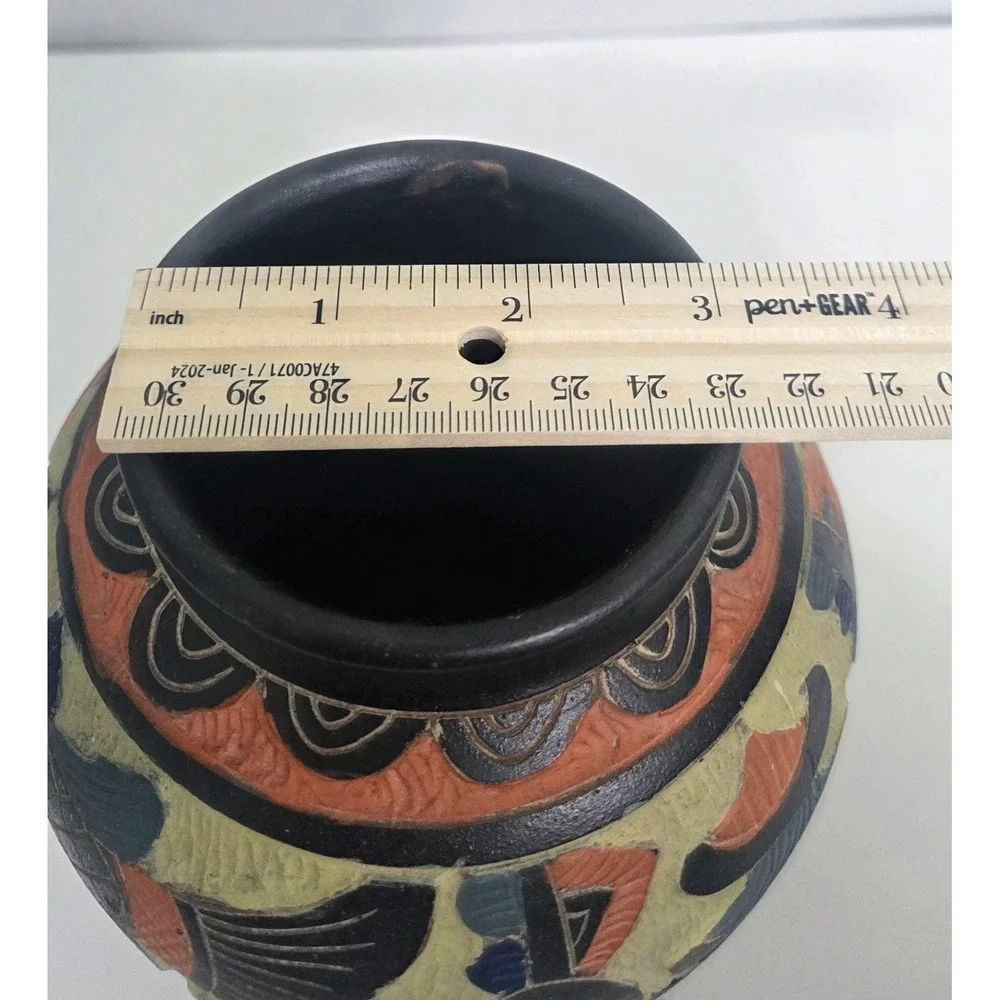 Vintage Okinawa Japan‎ Pottery Vase Hand Carved Double Sided RARE Multicolored